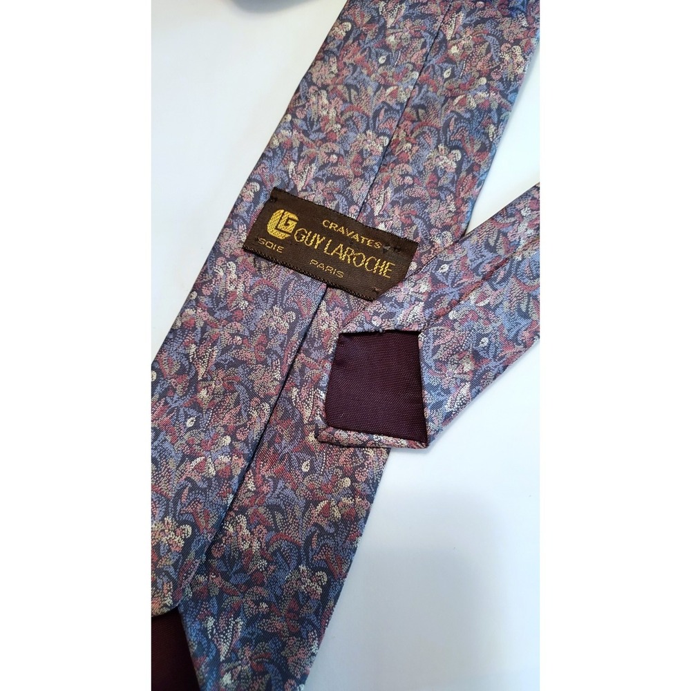 VTG Guy Laroche Paris Silk Tie Floral Paisley Blue Plum Pink Designer France 57"
